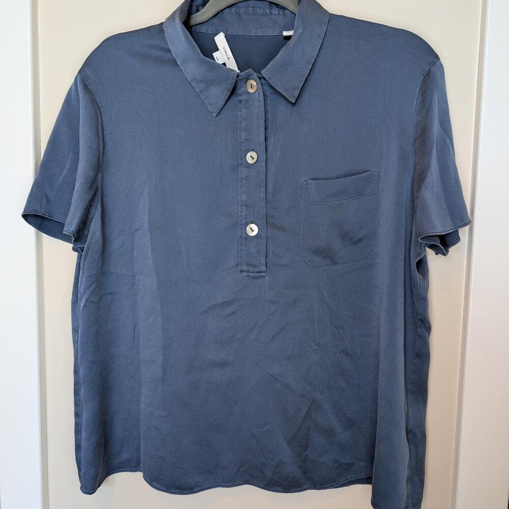 Vince 100% Silk Short Sleeve Polo Blouse Steel Blue L